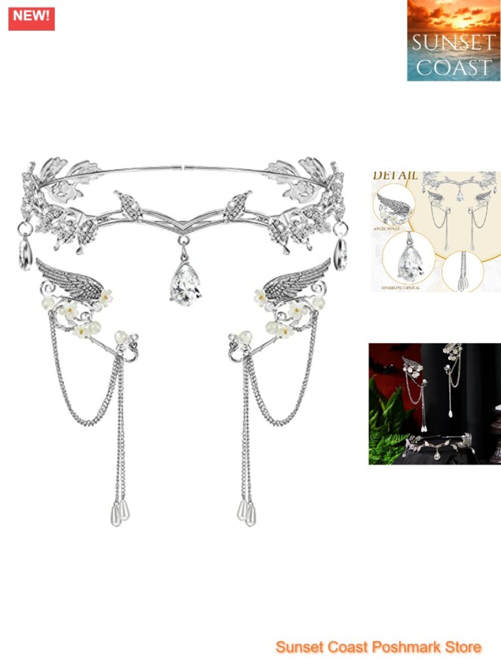 Rhinestone Leaf Headband Crown with Elf Ear Cuffs Costume Jewelry Set